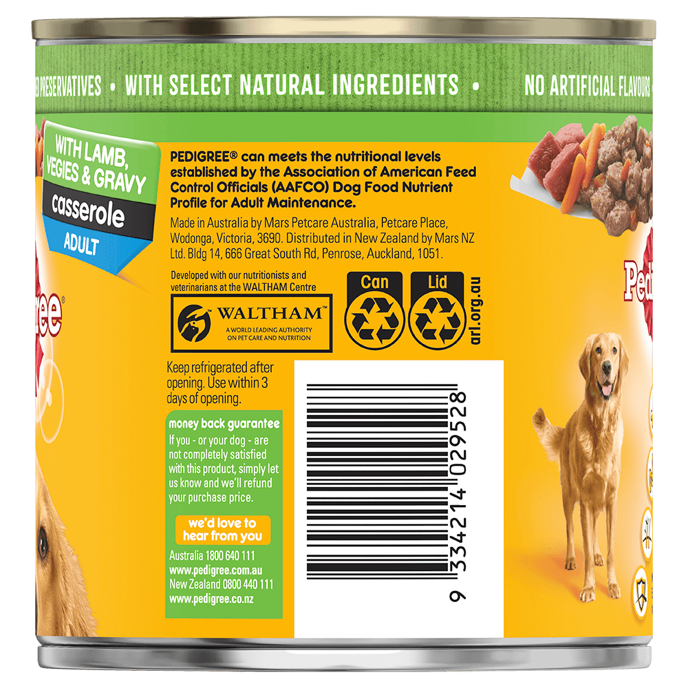 PEDIGREE® Adult Wet Dog Food With Lamb Vegies and Gravy Casserole 700g Can back